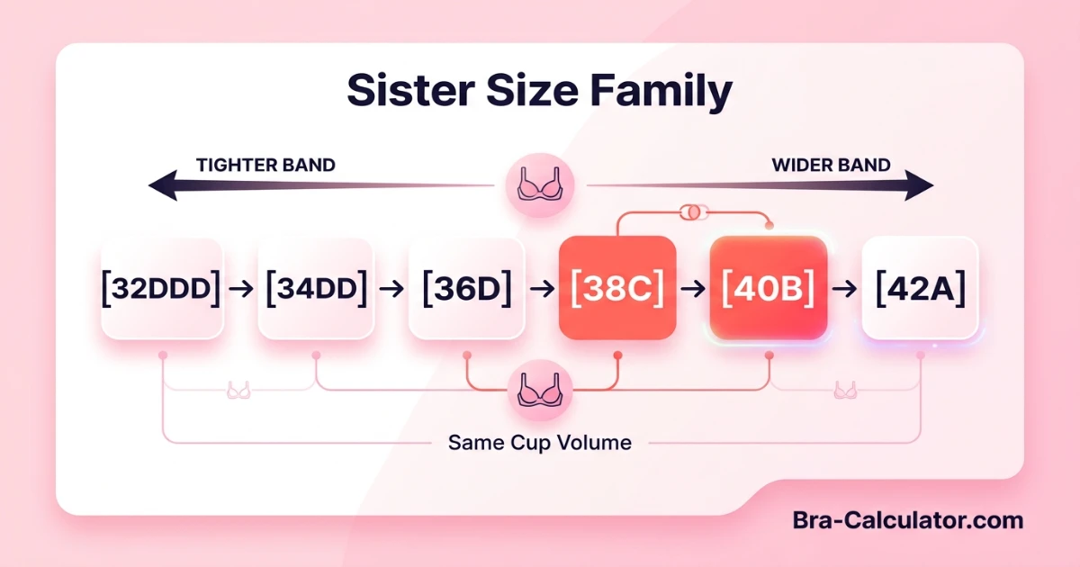 Sister size ladder infographic showing the full family: 32DDD — 34DD — 36D — 38C — 40B — 42A, all highlighted as holding approximately equal cup volume