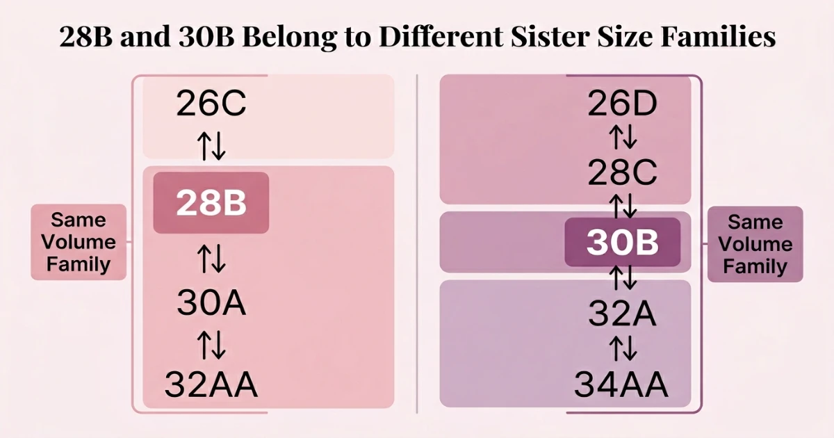 Two separate sister size ladder diagrams: 28B family (26C — 28B — 30A — 32AA) and 30B family (26D — 28C — 30B — 32A — 34AA) shown separately to confirm different volume families with no overlap