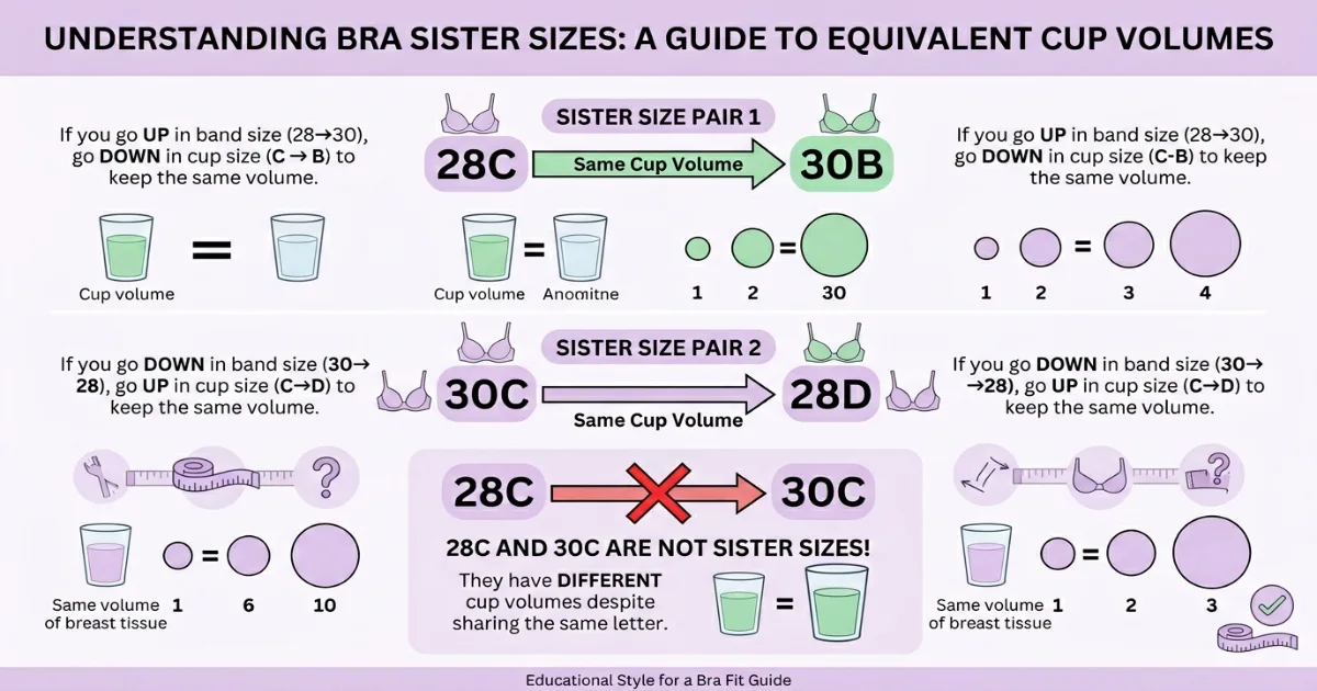 Sister size infographic showing 28C to 30B and 30C to 28D fit relationships