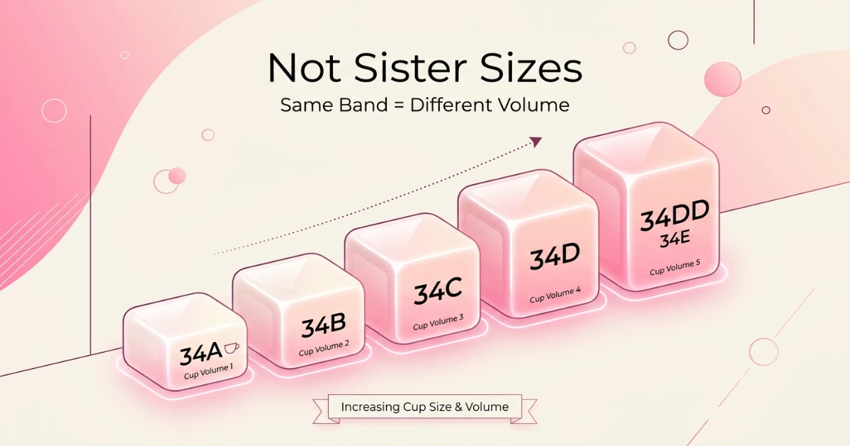 Two separate sister size ladder diagrams: 38DD family (34DDD, 36DDD, 38DD, 40D, 42C) and 38DDD family (34DDDD/G, 36DDDD/G, 38DDD, 40DD, 42D) shown side by side to confirm different volume families