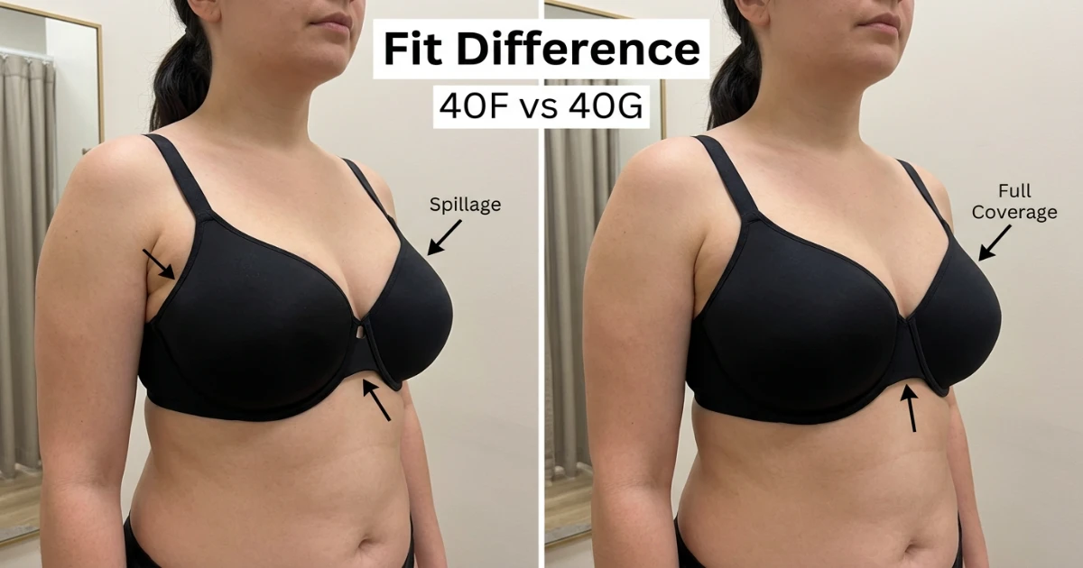 Fit comparison showing 40F with 4-part cup versus 40G with side sling reinforcement — both on a 40-inch band