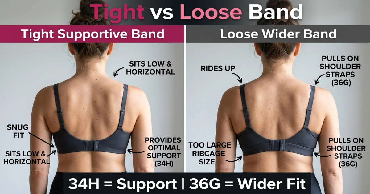 Illustration showing 34H fitting correctly on a narrow 29–30 inch ribcage versus 36G fitting correctly on a wider 31–32 inch ribcage — same cup volume, different band performance