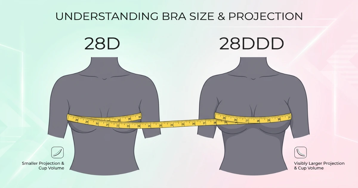 Cup volume comparison diagram showing 28D, 28DD (intermediate), and 28DDD with progressively larger cup volumes on the same narrow 28-inch band