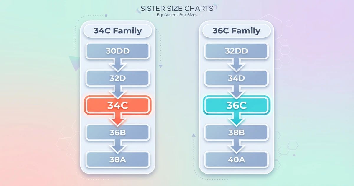 Diagram showing two separate sister size ladders: 34C family (30DD, 32D, 34C, 36B, 38A) and 36C family (32DD, 34D, 36C, 38B, 40A) confirming they are in different volume families