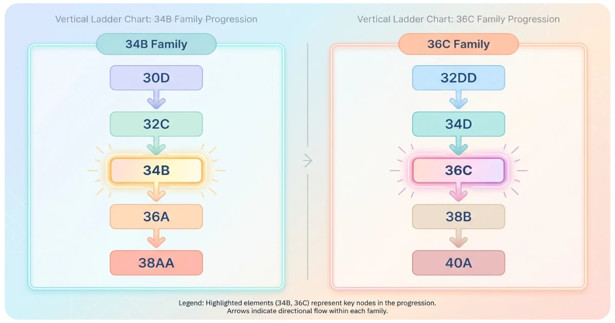 Diagram showing 34B and 36C sister size families side by side confirming they are in different volume families — 34B family (30D, 32C, 34B, 36A) and 36C family (32DD, 34D, 36C, 38B)