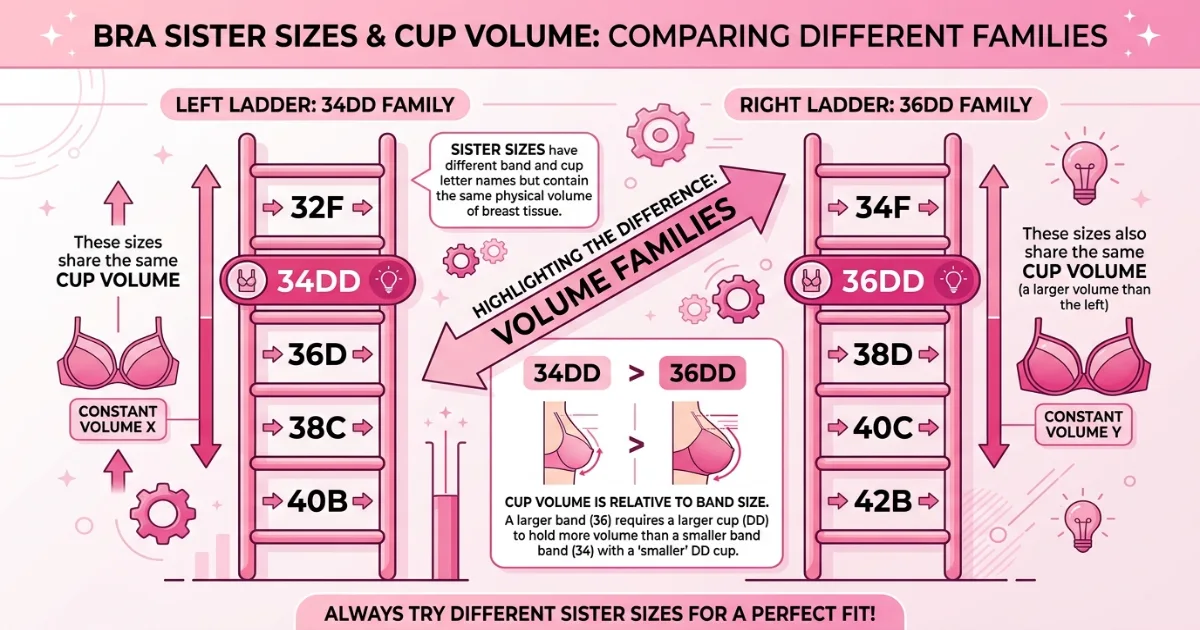Diagram showing two separate sister size ladders: 34DD family (32F, 34DD, 36D, 38C, 40B) and 36DD family (34F, 36DD, 38D, 40C, 42B) confirming they are different volume families