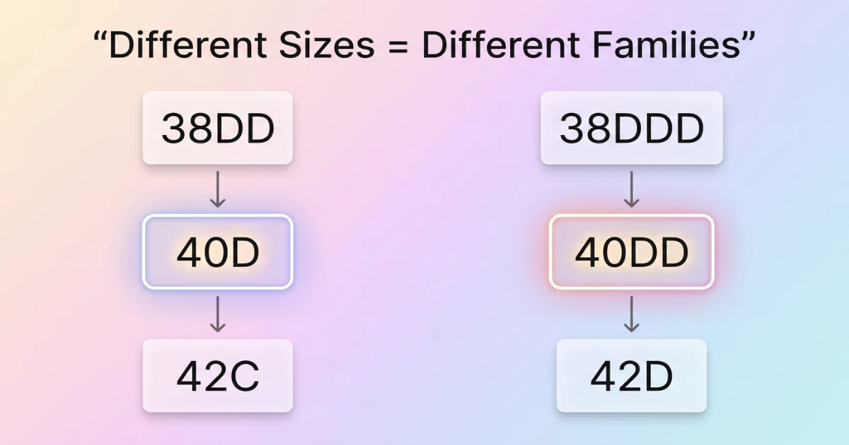 Two separate sister size ladder diagrams: 40D family (38DD — 40D — 42C) and 40DD family (38DDD — 40DD — 42D) shown separately to confirm different volume families