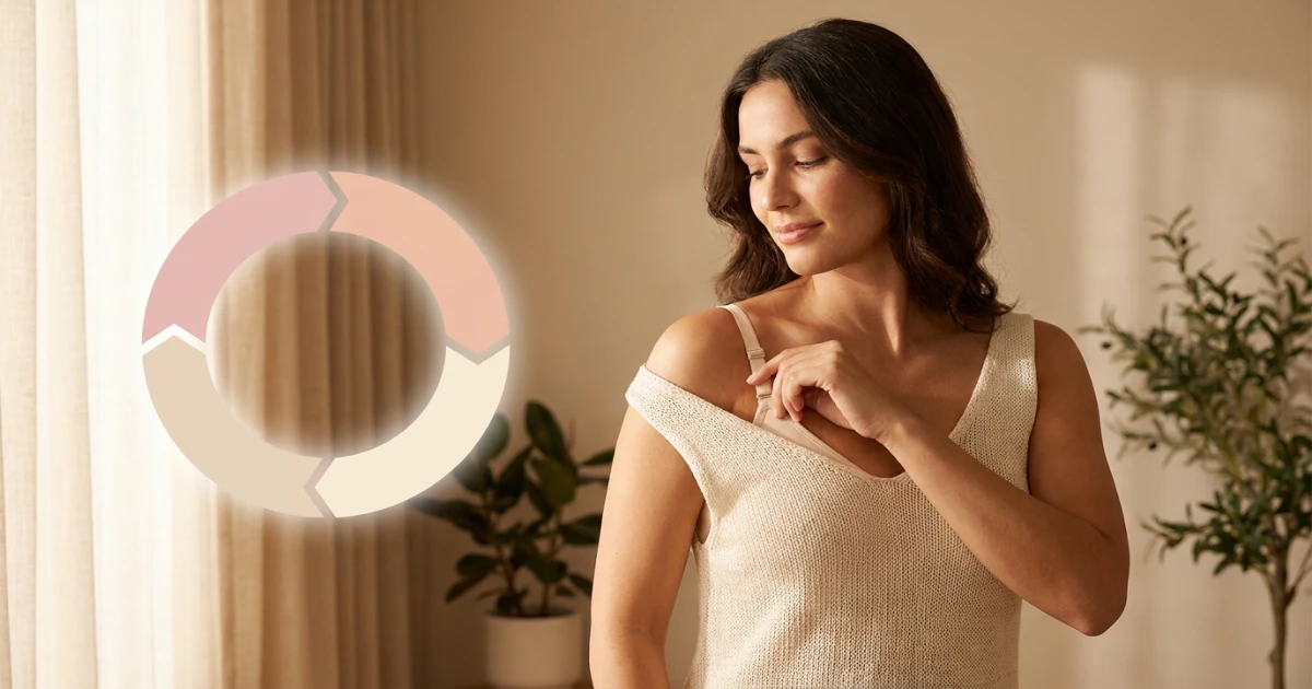 Woman adjusting bra strap comfort — illustrating bra fit changes across cycle phases