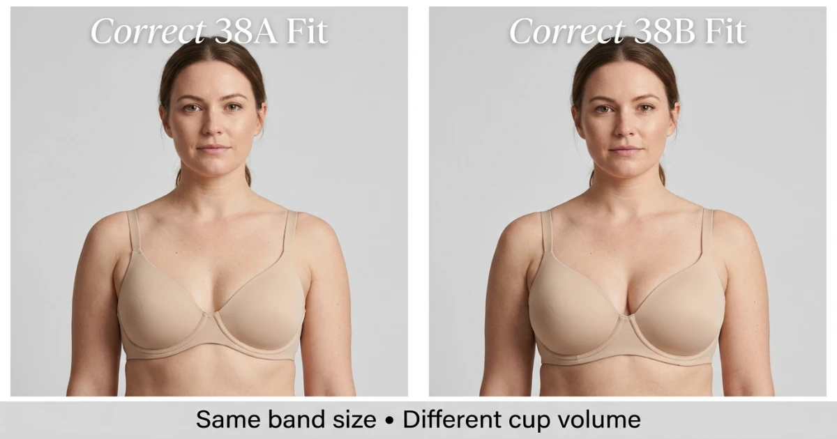 Fit comparison illustration showing correctly fitting 38A with appropriate cup coverage versus correctly fitting 38B with slightly more cup depth on the same 38-inch band