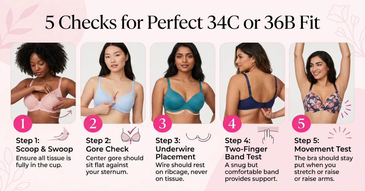 Bra fit test infographic showing five steps: scoop and swoop, gore check, underwire placement, band tension test, and movement test