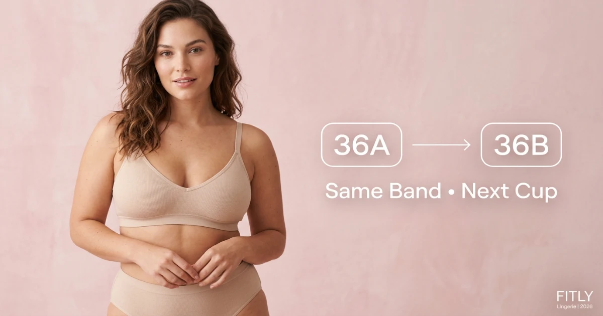 Beautiful, confident woman in elegant neutral lingerie looking at the camera wearing 36A.