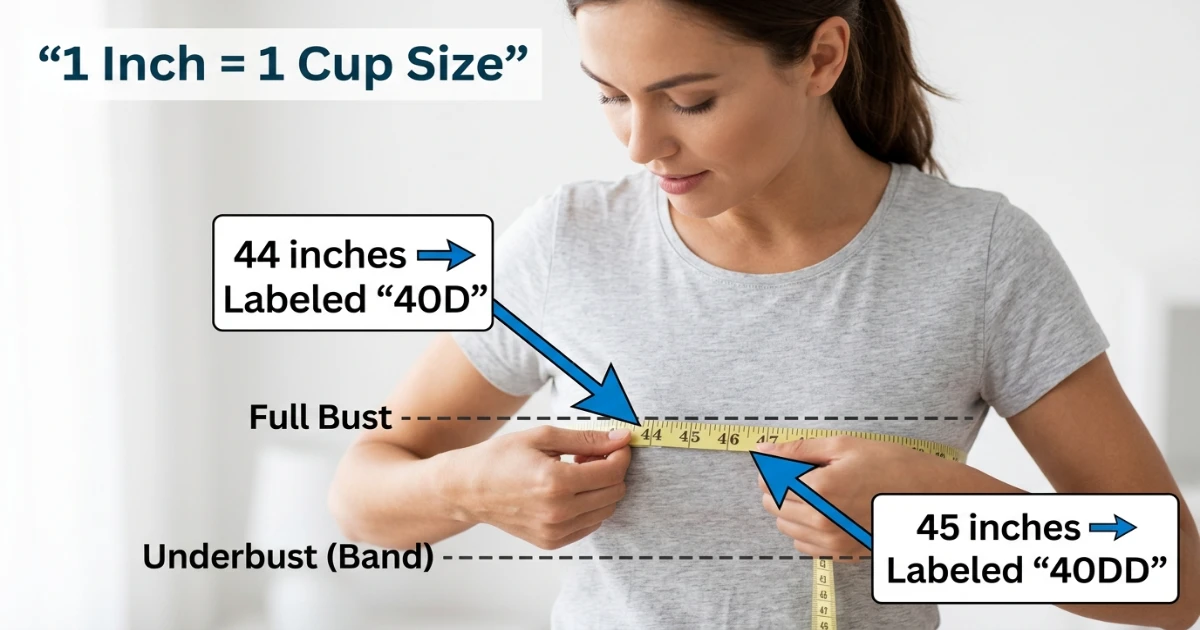 Cross-section cup diagram comparing 40D and 40DD depth on the same 40-inch band — showing the one-inch bust measurement difference and structural differences at DD cup
