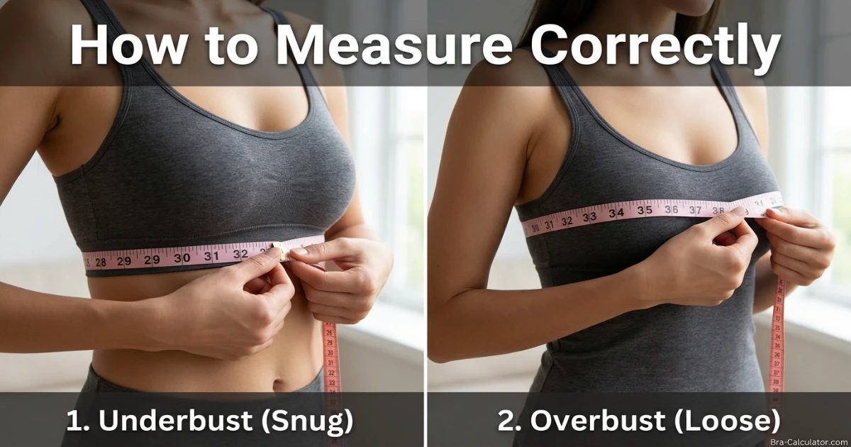 Canada bra size measurement guide showing underbust and overbust measurement with tape in inches for accurate Canadian bra fitting