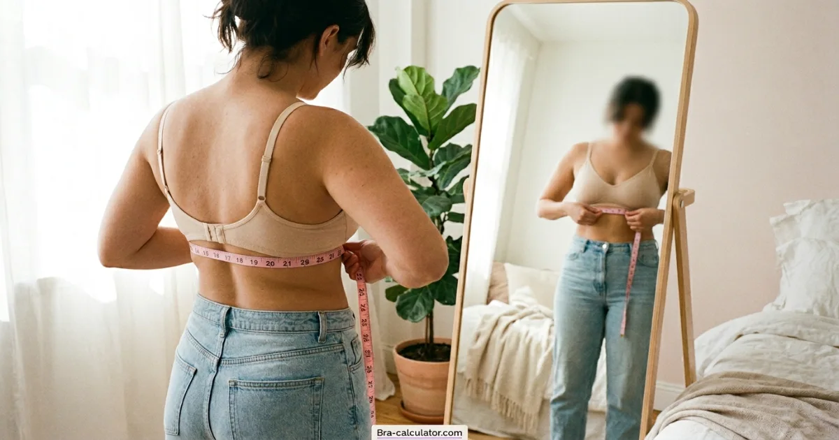 US bra size measurement guide showing underbust and overbust measurement with tape in inches for accurate American bra fitting