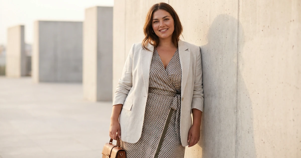 Confident curvy woman walking outdoors wearing stylish modern outfit