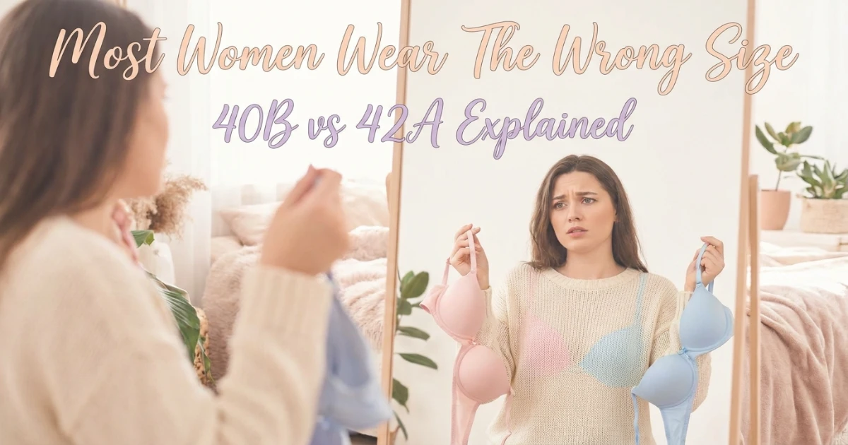 Woman looking confused in front of mirror trying bra.