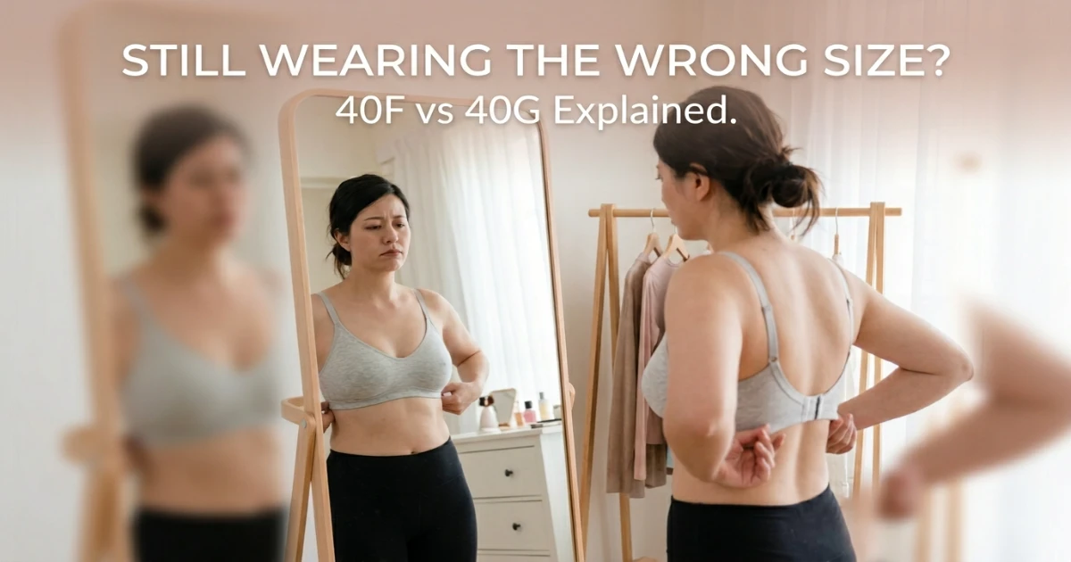 Woman looking frustrated trying on bra in mirror.
