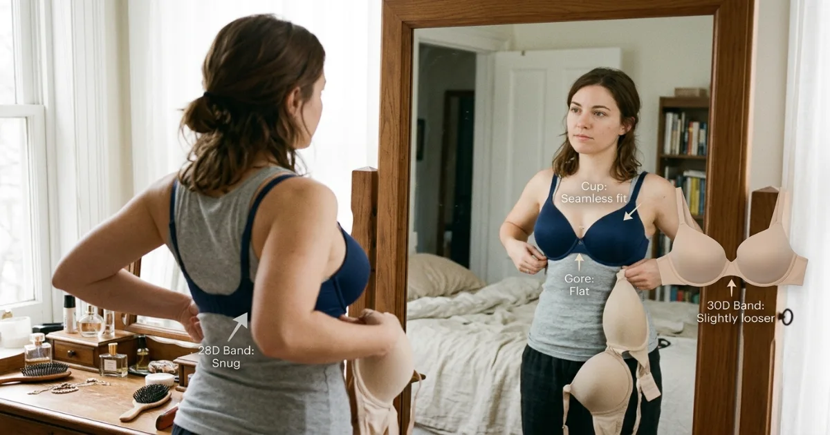 Bra fit test infographic for 28D and 30D showing band check, scoop and swoop, gore check, and sister size logic