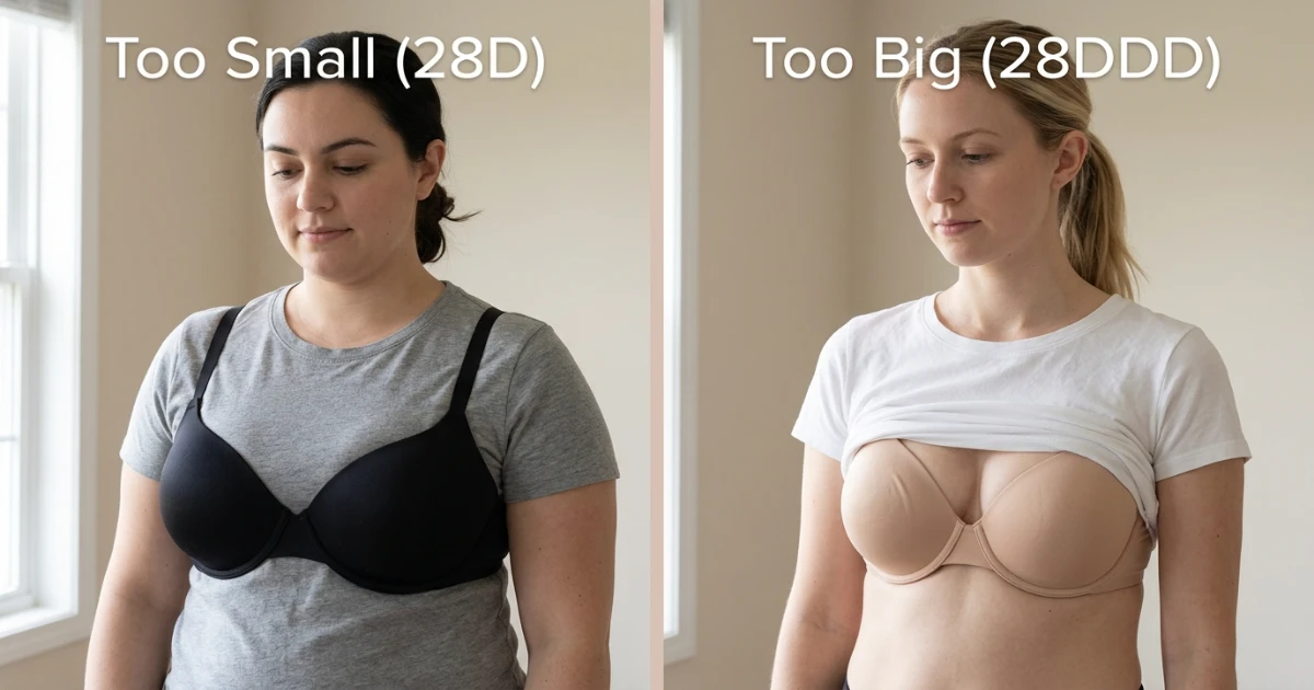 Illustration showing severe cup overflow when 28D is worn by a 28DDD wearer versus significant cup gaping when 28DDD is worn by a 28D wearer — both on the same narrow 28-inch band