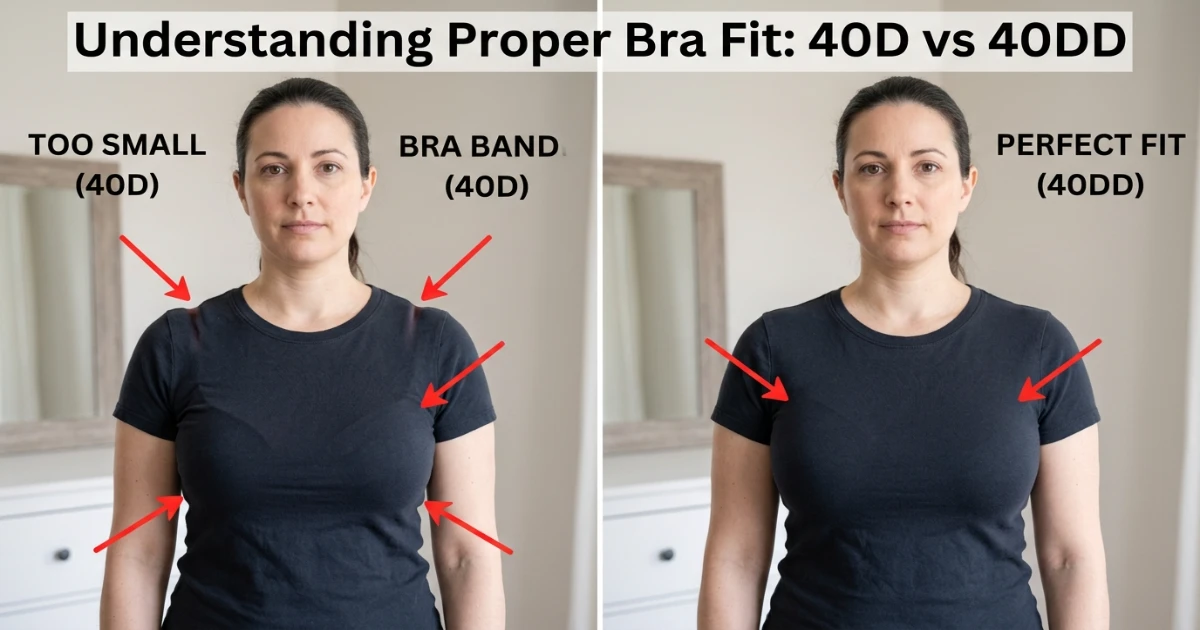 Fit comparison showing 40D full cup versus 40DD deeper cup with structural differences — both on a 40-inch band