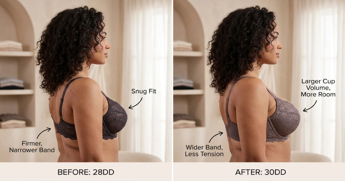 Fit comparison showing 28DD with firmer smaller band and 30DD with wider band and larger cup volume