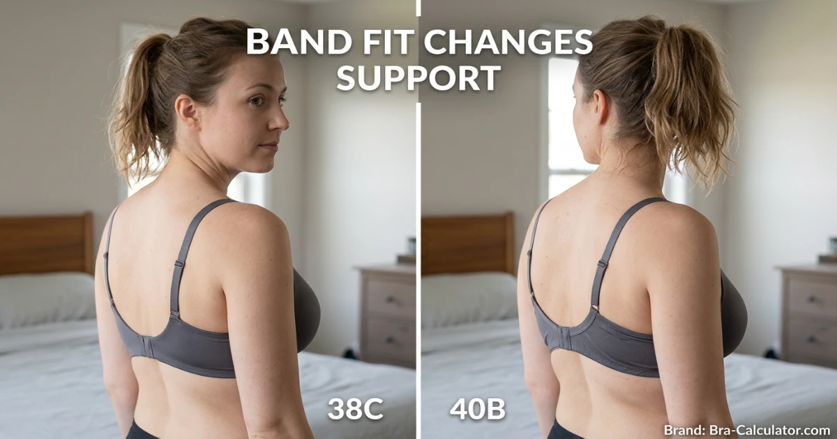 Fit comparison illustration showing 38C fitting correctly on a 33–34 inch ribcage versus 40B fitting correctly on a 35–36 inch ribcage — same cup volume on different body frames