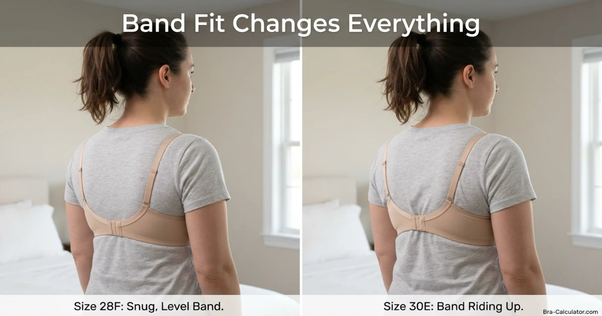 Band fit comparison — 28F anchored correctly on a narrow 25–26 inch ribcage with deep projected cup, versus 30E correctly anchored on a 27–28 inch ribcage with broader cup spread
