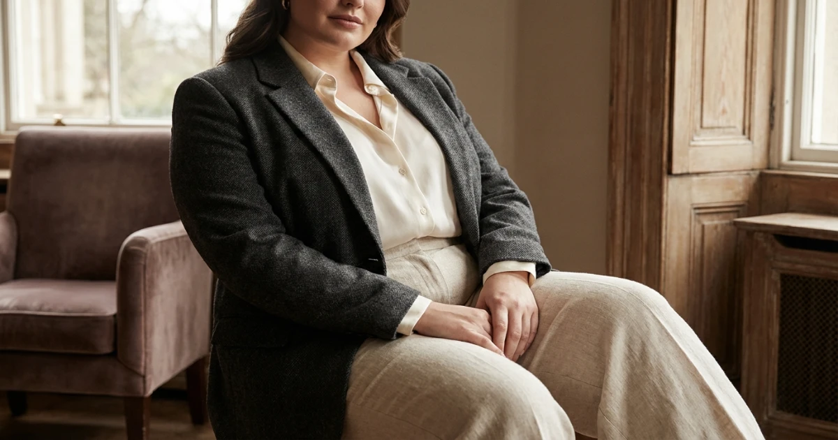 Curvy woman wearing stylish outfit featuring wrap dress and blazer combination