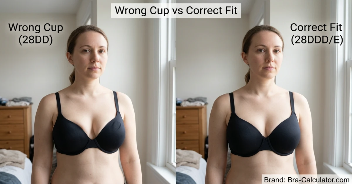 Illustration showing 28DD cup overflow when worn by a 28DDD wearer versus 28DDD cup gaping on a 28DD frame — both on the same narrow 28-inch band