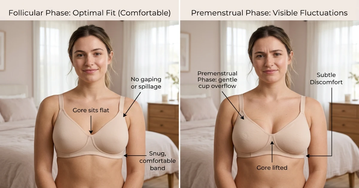 Diagram showing how breast swelling before a period affects bra fit — cup overflow, band tightness, and gore lift are all common premenstrual fit complaints