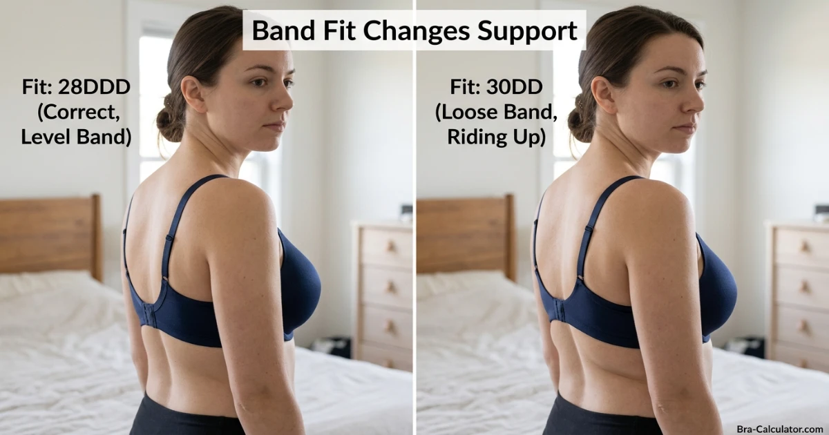 Band fit comparison showing 28DDD correctly anchored on a narrow 25–26 inch ribcage with firm band and deep projected cup, versus 30DD correctly anchored on a 27–28 inch ribcage with wider cup spread