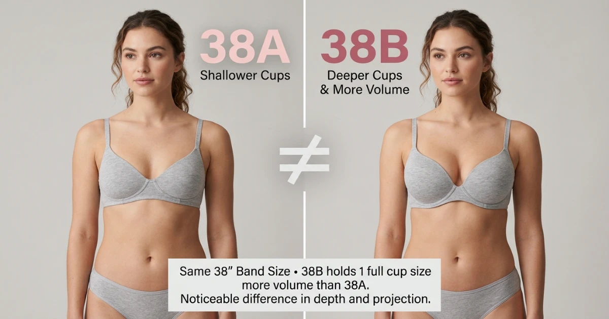 Side-by-side cup depth comparison diagram for 38A and 38B bra sizes on the same 38-inch band, illustrating the one-cup volume difference