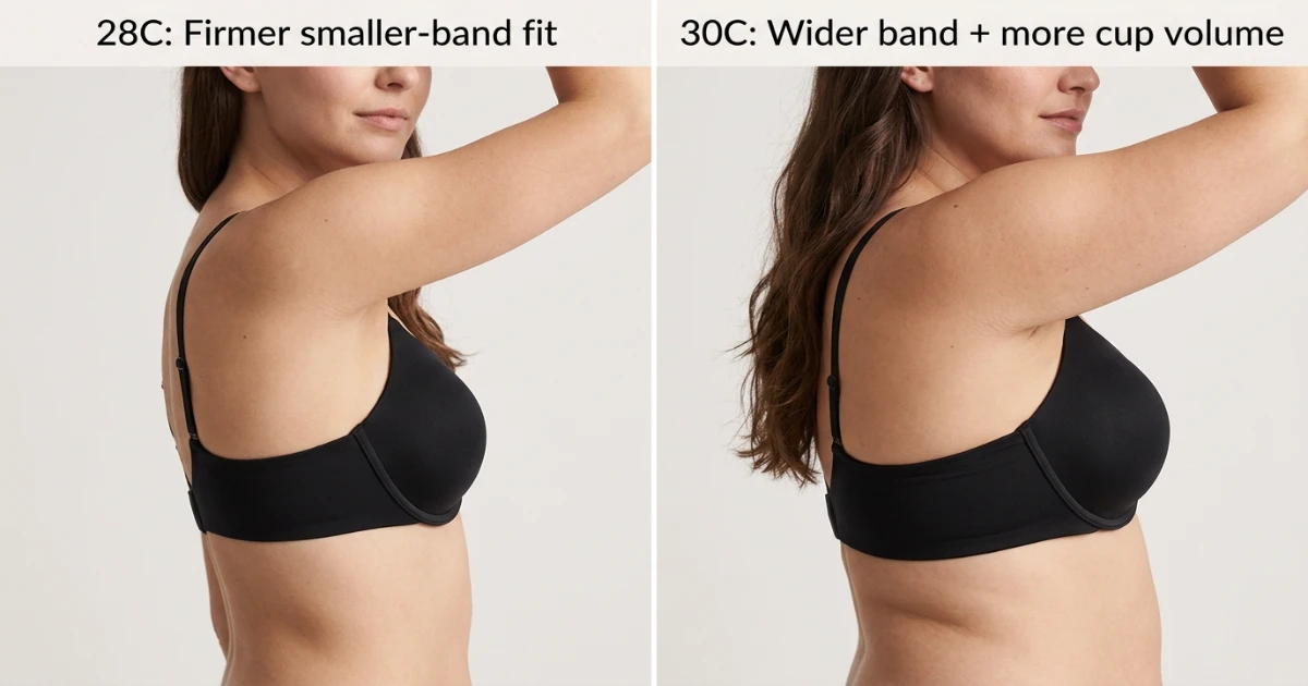 Fit comparison showing 28C with firmer smaller band and 30C with wider band and larger cup volume