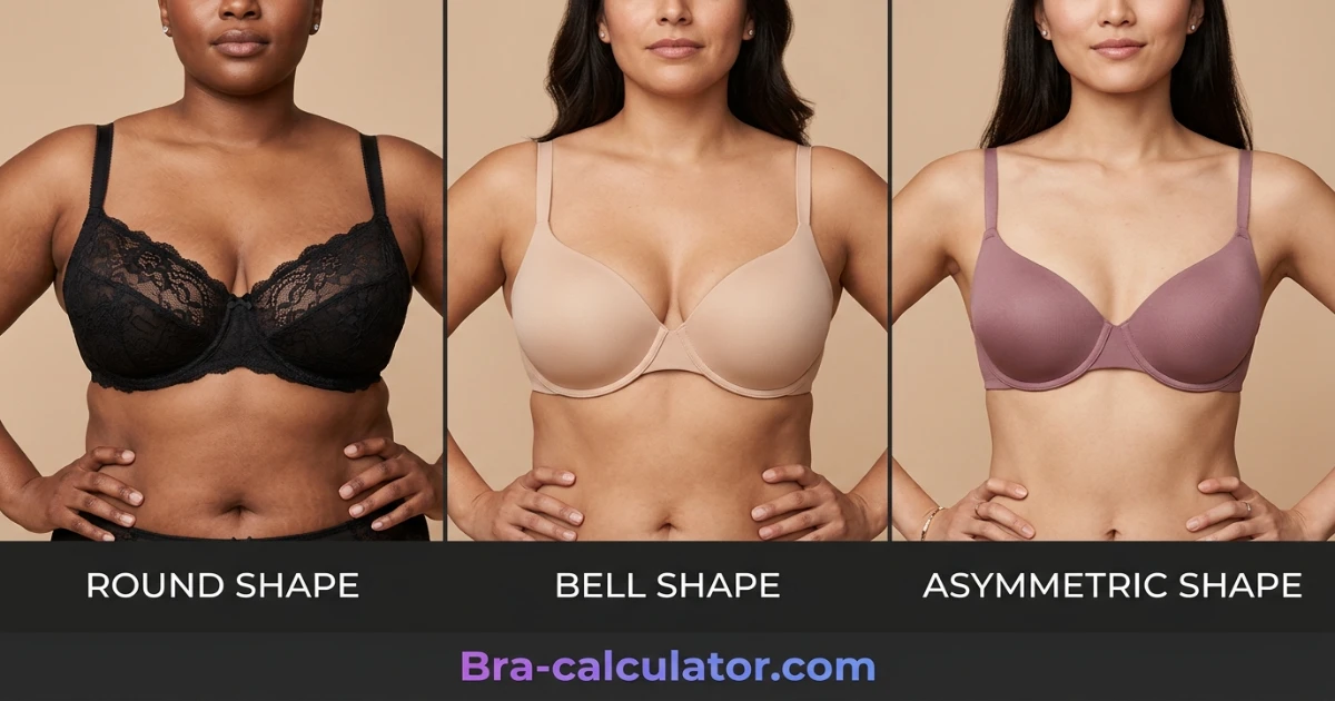 Different breast shapes and bra fitting examples showing correct US bra size support and cup differences across major American brands