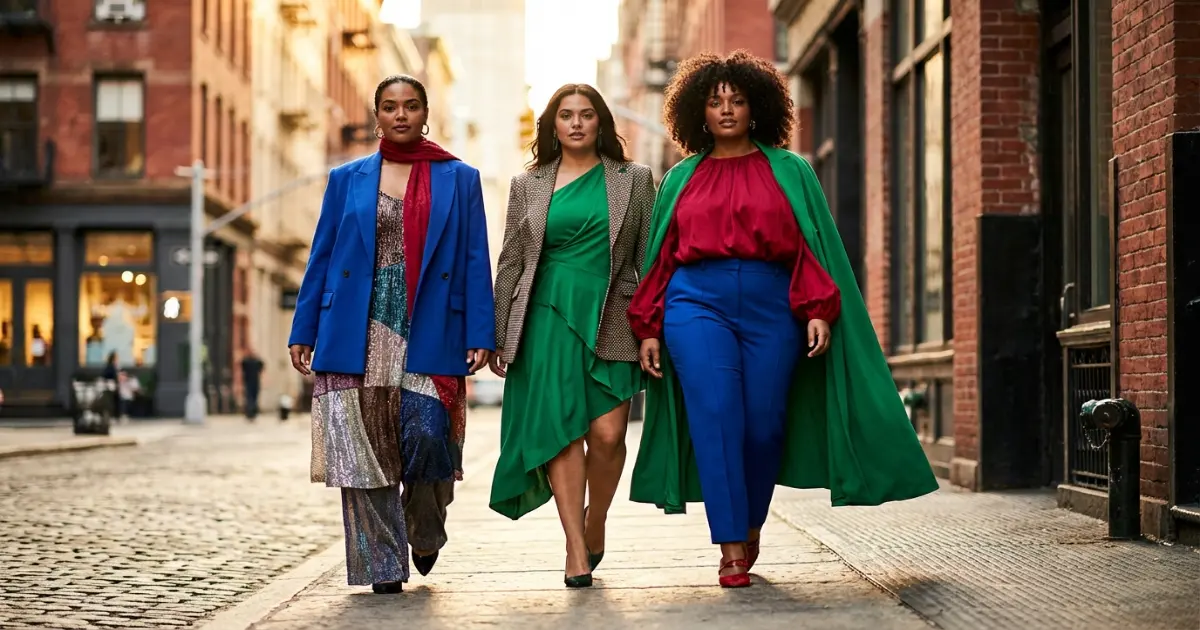 Curvy capsule wardrobe with essential pieces like jeans blazer dress and tops