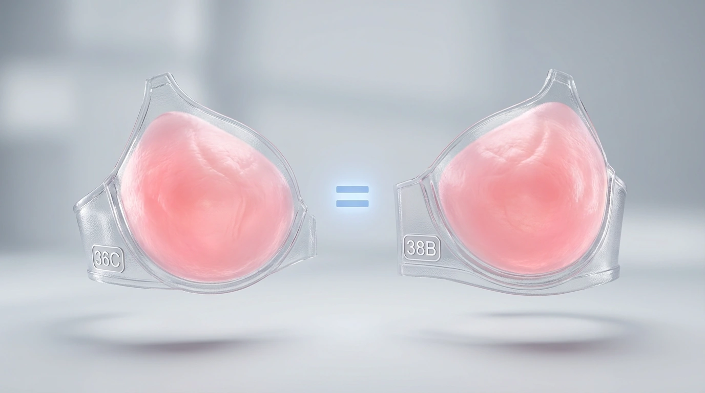 Cup volume diagram for 36C and 38B showing equal breast tissue capacity across different band widths — confirming sister size relationship