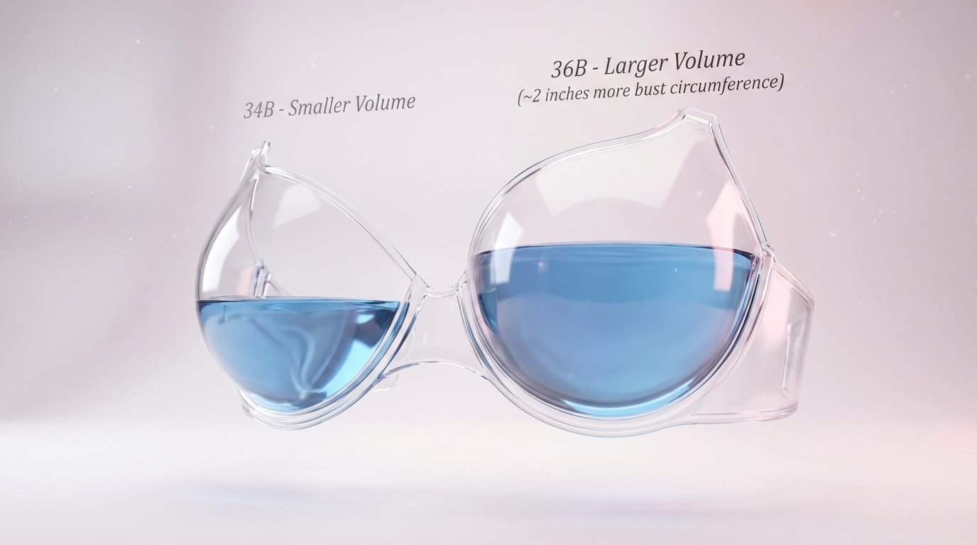 Cup volume comparison diagram showing that 34B and 36B have different enclosed volumes despite sharing the same B cup letter