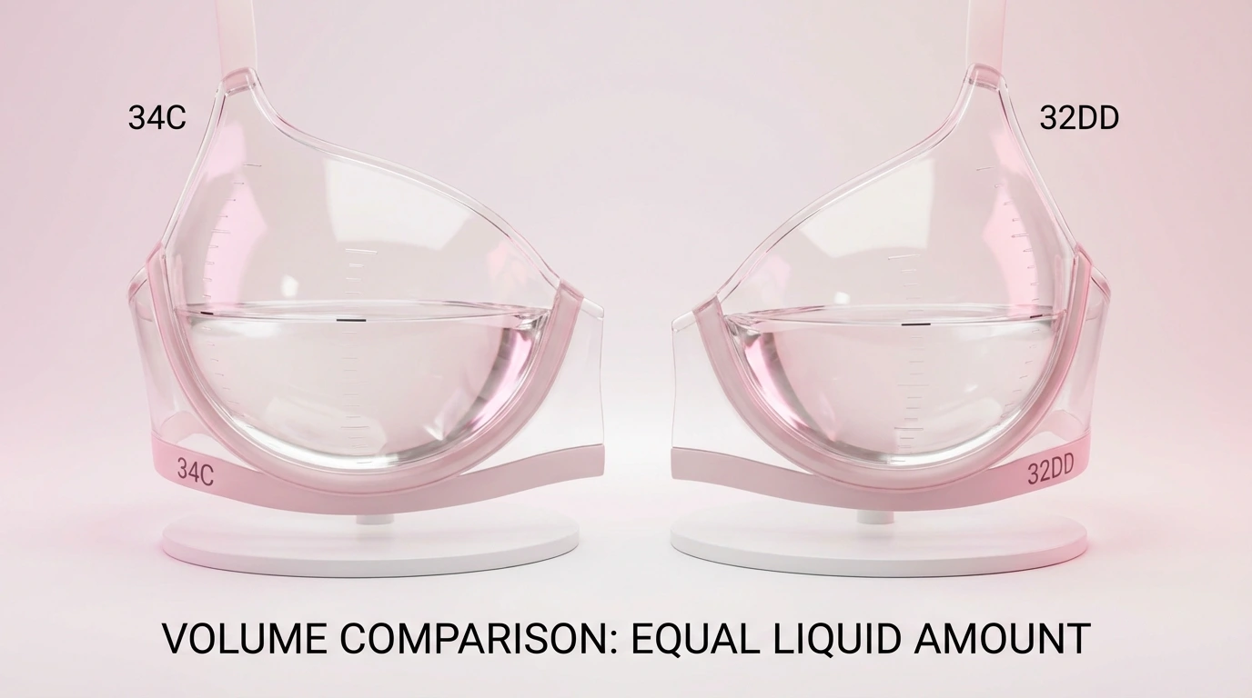 Cup volume diagram showing that 34C and 32DD hold the same breast tissue volume despite different band and cup letter combinations