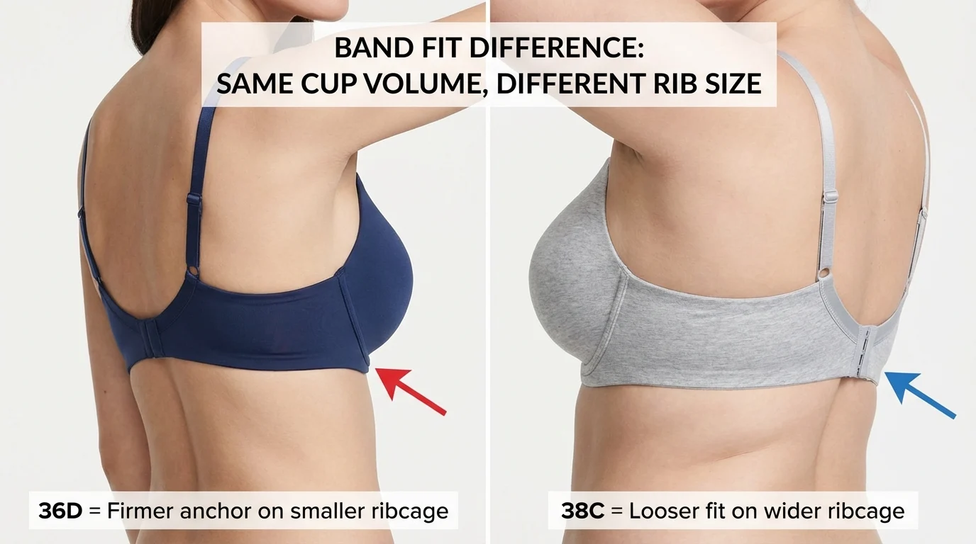 Illustration showing 36D fitting correctly on a smaller ribcage with firmer band and 38C fitting correctly on a wider ribcage — same cup volume, different band performance