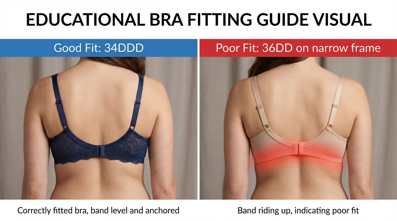 Illustration comparing a correctly fitting 34DDD on a narrow ribcage versus a 36DD band riding up and displacing cup support on the same body type