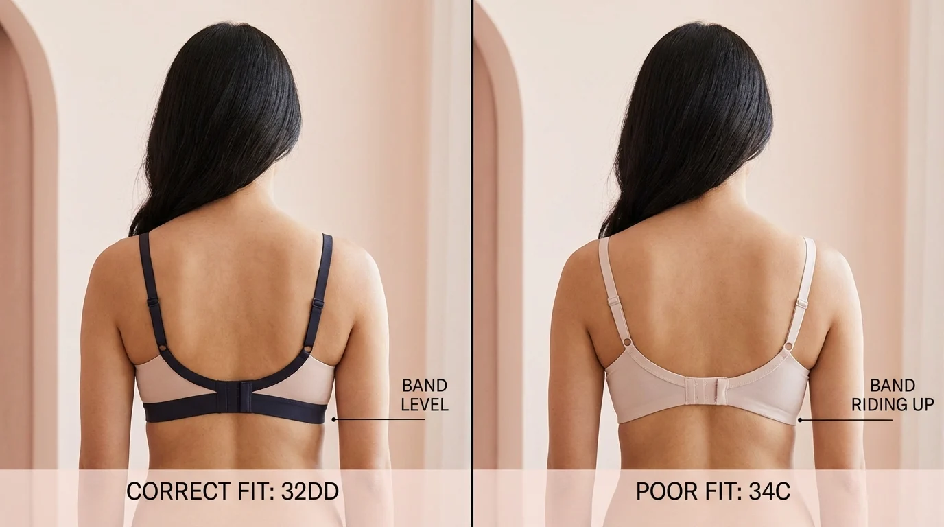 Side-by-side illustration showing a correctly fitting 32DD on a narrow ribcage versus a 34C band riding up on the same body type