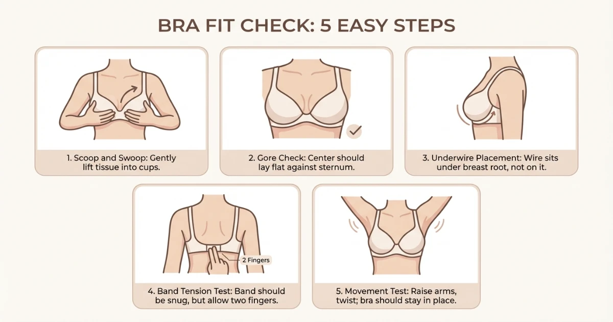 Bra fit test infographic for 34D vs 36D comparison showing five checks for D cup wearers confirming band and cup fit independently