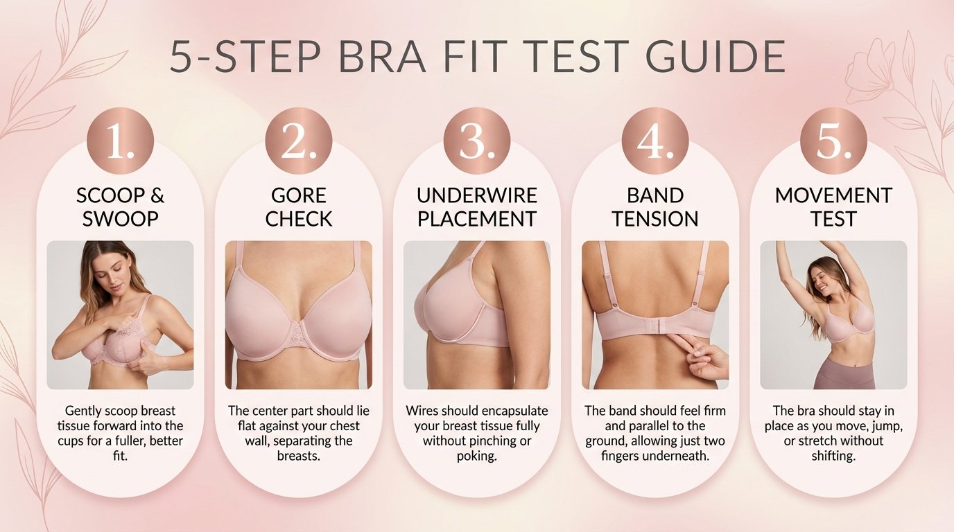 5-step bra fit test infographic for 34B and 36B — scoop and swoop, gore check, underwire placement, band tension, movement test