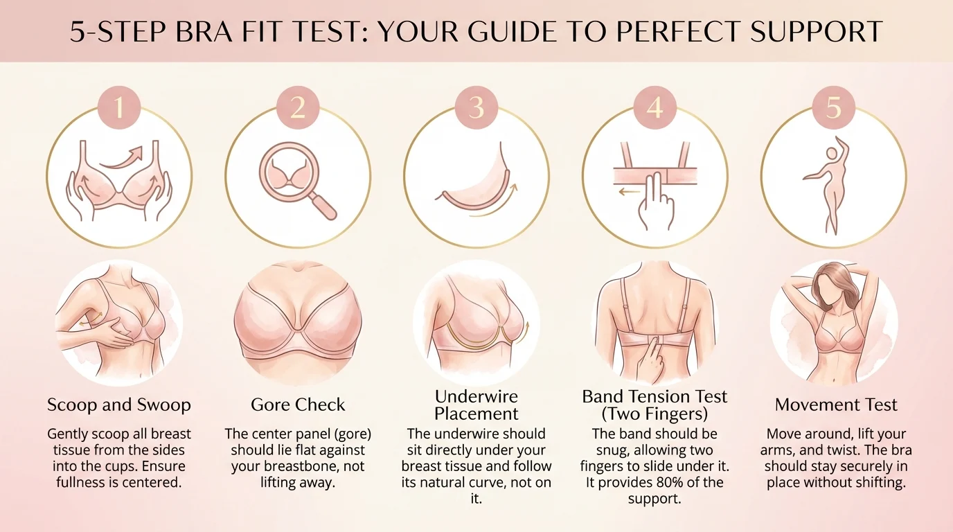 5-step bra fit test infographic for 34C and 32DD — scoop and swoop, gore check, underwire placement, band tension, movement test
