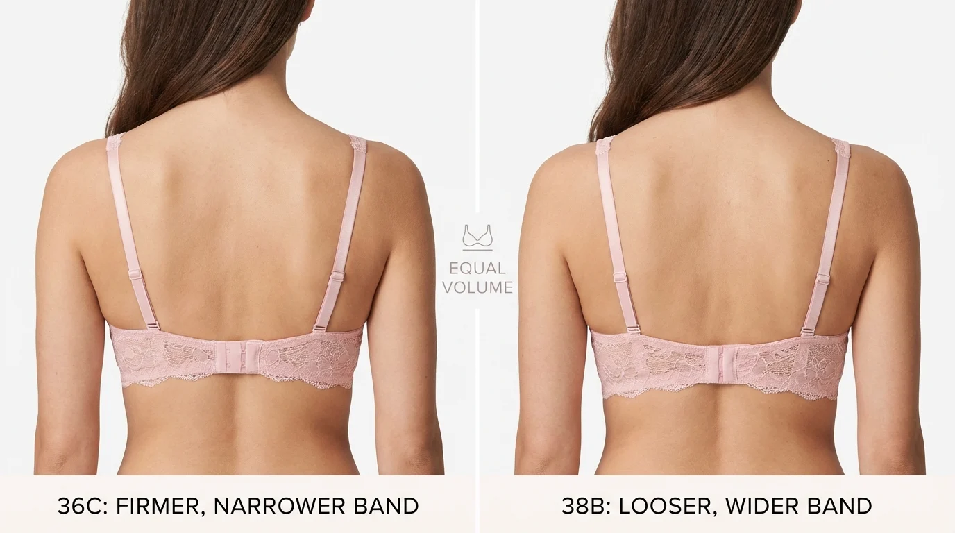 Side-by-side diagram of 36C and 38B bra sizes showing equal cup volume with different band widths — confirming they are sister sizes