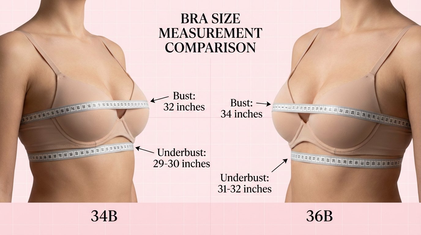 Side-by-side measurement comparison diagram showing 34B and 36B bra sizes with different underbust, bust, and cup volume measurements labeled in inches and centimetres