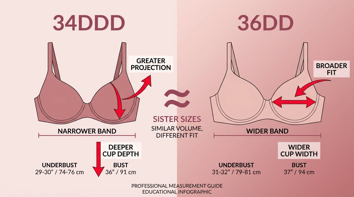 Side-by-side measurement comparison diagram for 34DDD and 36DD bra sizes showing underbust and bust measurements in inches and centimetres with cup differential labels