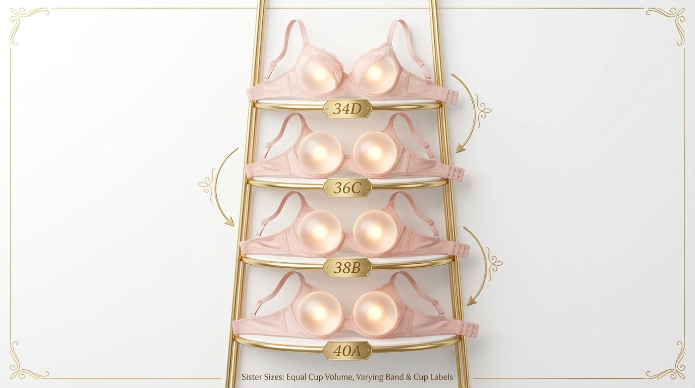 Sister size ladder diagram showing 34D, 36C, 38B, 40A all holding equal cup volume — 36C and 38B confirmed as sister sizes