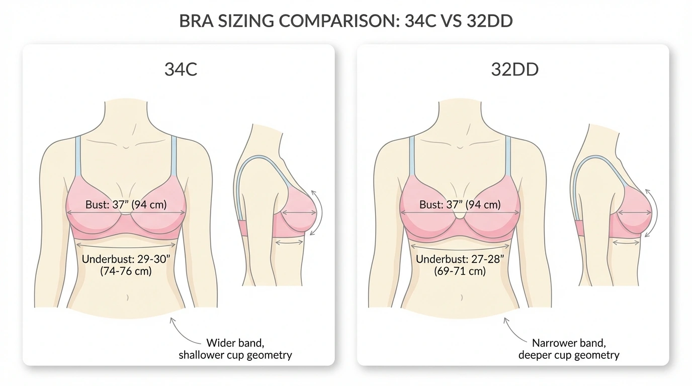 Side-by-side measurement comparison diagram showing 34C and 32DD bra sizes with underbust and bust measurements labeled in inches and centimetres