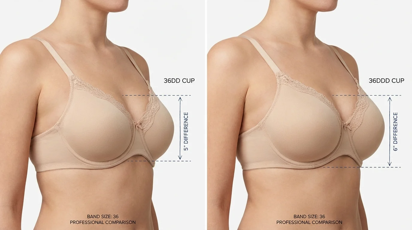 Side-by-side diagram of 36DD and 36DDD showing the same band with one cup size difference